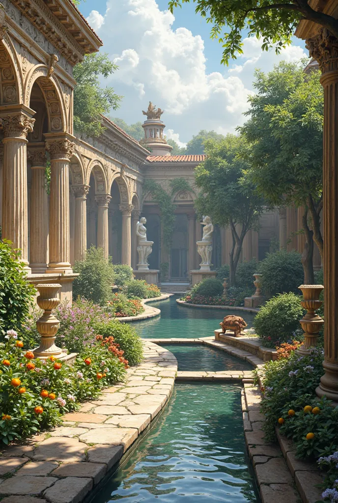 Create a Roman garden with water flowing through it 