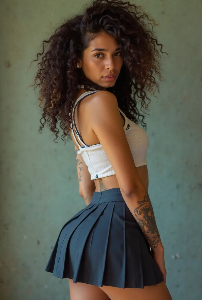 "A young Brazilian woman with a toned yet feminine figure, a slim waist, and a large, firm butt. She has voluminous, curly hair and slightly full cheeks, giving her a unique and captivating look. She is wearing a fitted school uniform that enhances her cur...