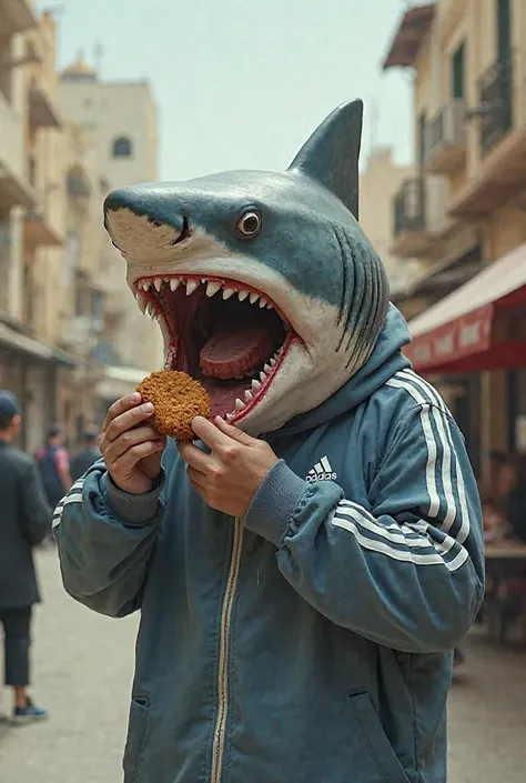 A guy with a real shark head eating falfel while wearing adidas in jerusalem