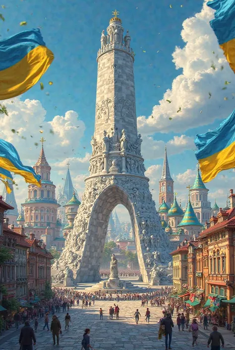 Create something about Ukraine toko in the form of a city so that there are Ukrainian flags and a monument 