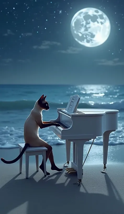  A slender Siamese cat with deep blue eyes plays a white grand piano set on a moonlit beach. The waves gently lap at the shore, and a full moon casts a shimmering reflection over the water. The cat’s tail flicks gracefully as it plays.