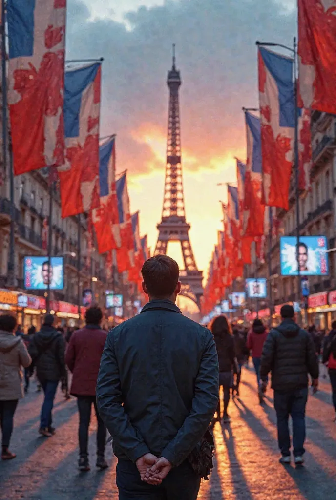 "First-person scene of a man walking the streets of Paris during the 2024 Olympics. The point of view is realistic, showing the man's hands intertwined in front, as if he were holding a telephone or just observing the environment. The city is vibrant , wit...