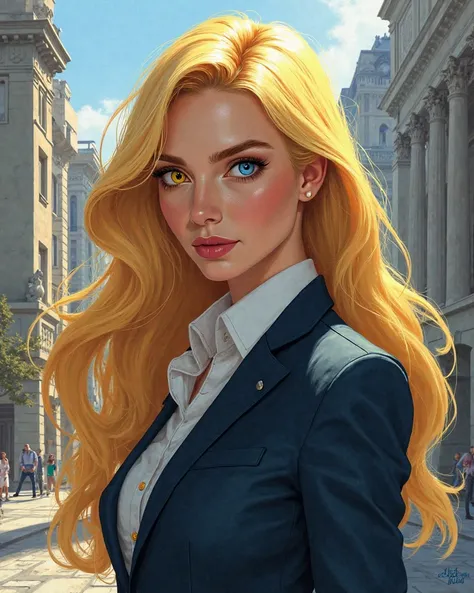 female reporter in DC comic style. She should have yellow hair and heterochromatic eyes, with one eye blue and the other yellow. Her hair should also be long and yellow.