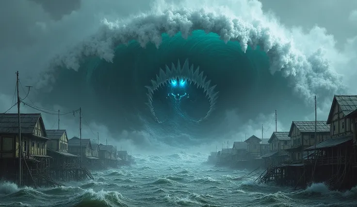 "Aerial view of a tidal wave engulfing an abandoned coastal village. Rooftops and fishing nets protrude from murky water. In the wave’s crest, glowing blue eyes and teeth-like patterns form —ar 16:9"