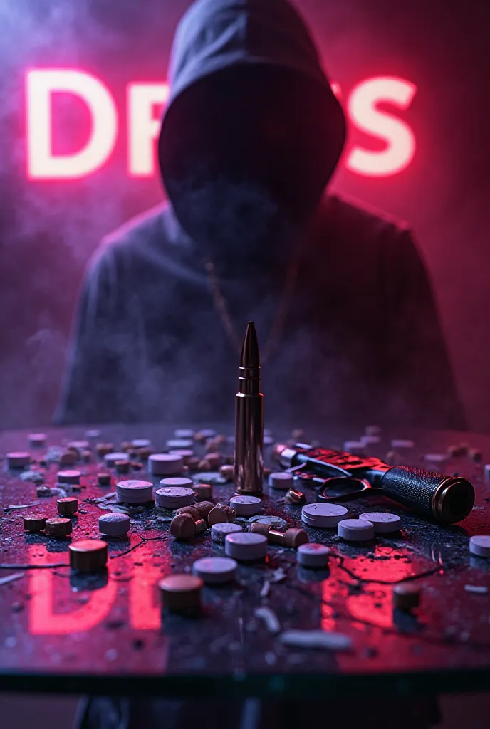 Generate an image for the cover of a song



Title: drugs and drugs



Description: the cover of the song **"Droga$ & Droga$"** presents an impactful and dark look.  In the center of the image , there is a cracked glass table, covered by a variety of pills...