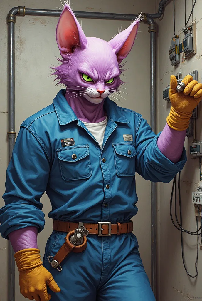 Image du personnage Beerus du manga DragonBall Z en tenue d'electricien 