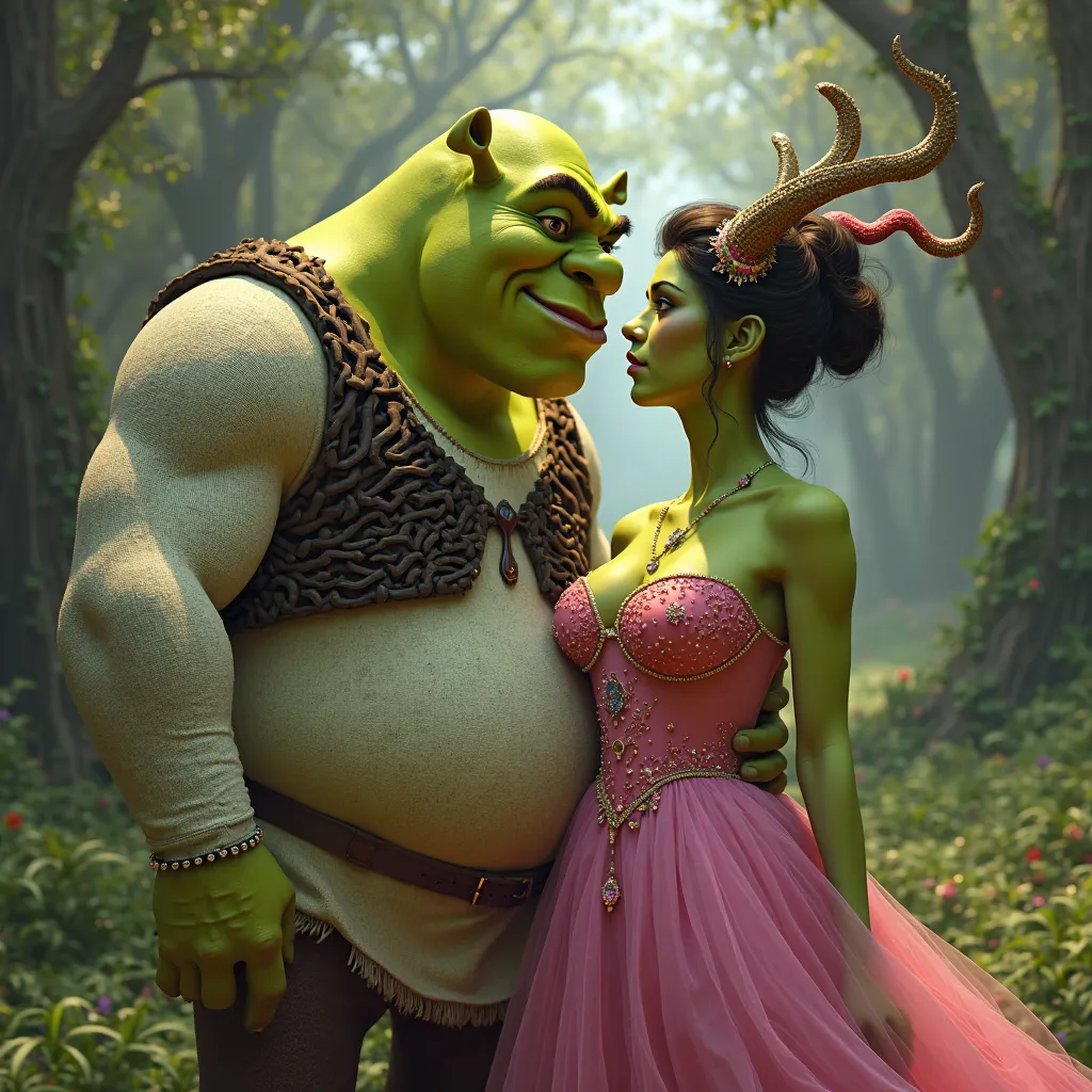 Shrek and beautiful realistic woman with green skin, make her wear pink clothes and  horns , 