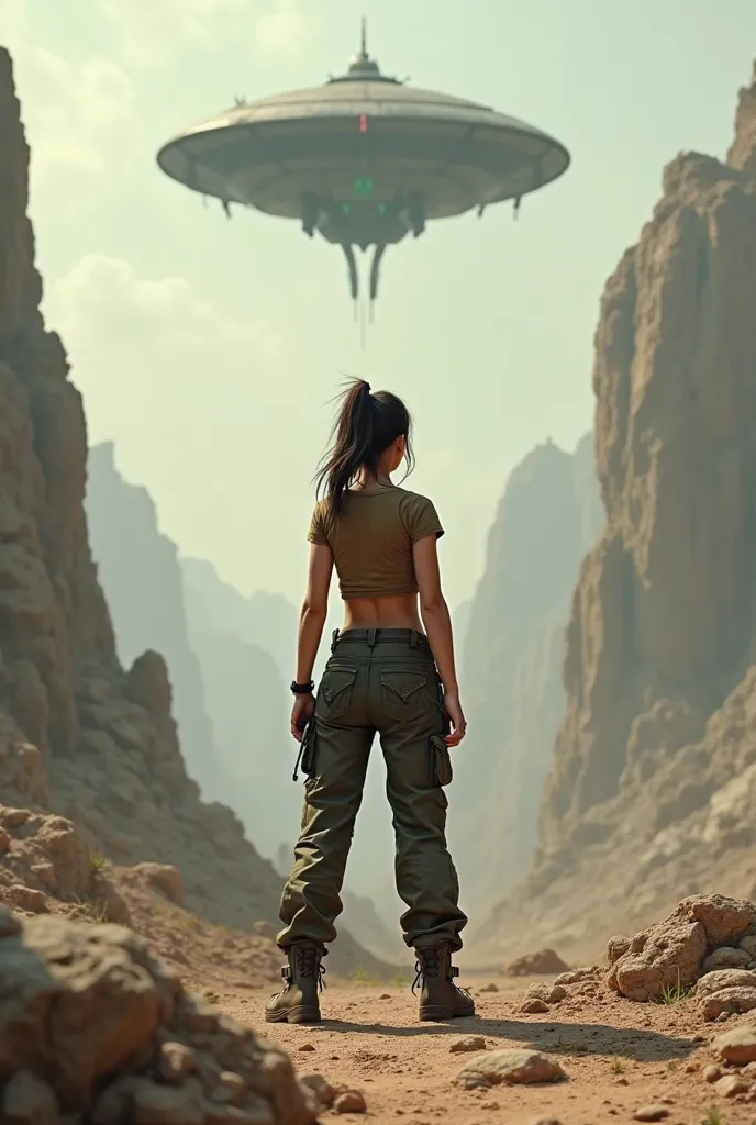 Create a scene where a tough and muscular girl is watching an alien ship wearing clothes like a mini t-shirt and long military pants with her hair tied in a ponytail, the clothes must be brown with black or dark green and the environment must be inserted 