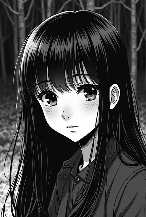 Black and white manga style with the description I mentioned. The image shows a young woman in the third person with dark and straight hair,   that falls on her right shoulder  . It has a serious and neutral expression, with dark eyes. Her skin is medium t...