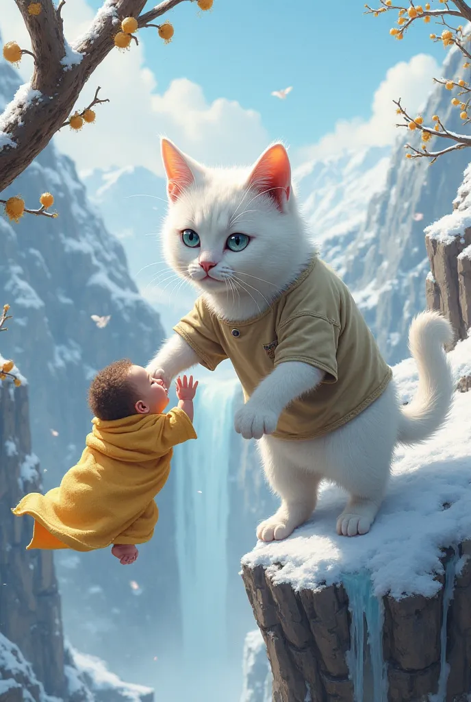 Here is the detailed prompt you can use:

Prompt:
"A highly realistic scene set on a snowy mountain cliff. A white humanoid cat with soft, lifelike fur and expressive eyes is wearing an old, slightly worn-out t-shirt, adding a touch of realism. The cat has...