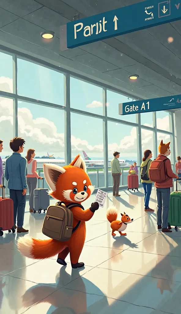 Create a whimsical and lively illustration of a red panda named Ravi walking through a bustling airport terminal corridor, heading toward his airplane. Ravi is carrying his tiny backpack and holding his boarding pass in one paw, looking around with wide, c...