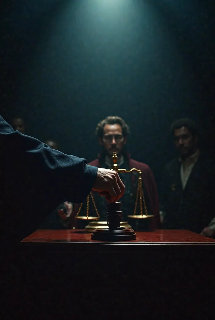 A dramatic courtroom scene with a judge’s hand holding a gavel, about to deliver a verdict. The background is dark and moody, with a spotlight effect on the judge’s bench. The rest of the room is in shadows, creating a tense and serious atmosphere. The col...