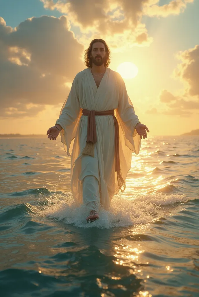 Jesus Christ walking on water under an open sky, the sun reflecting in the waves, his robe shining with divine light. surreal,  hyperdetailed , vibrant colors and a calm and inspiring atmosphere. Jesus takes up a large space in the photo so that his face i...