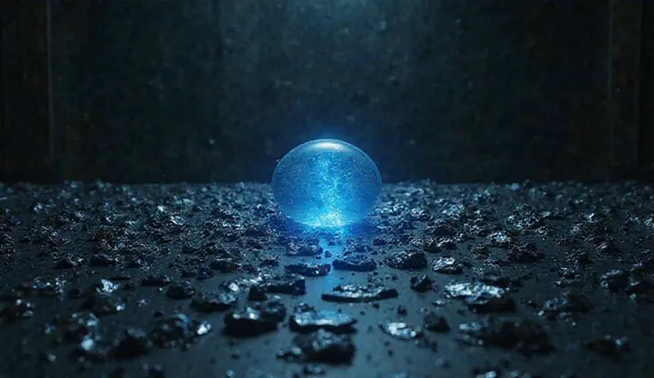 A dark room with a table full of shimmering black metal shards, appears to be from alien technology. Among the shards, there is a blue energy ball floating slowly, emits electromagnetic waves that make surrounding objects vibrate