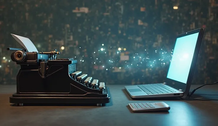 "Ultra-realistic composite image displaying a vintage typewriter gradually morphing into a sleek modern computer, arranged in a timeline format with high detail, dynamic lighting, and smooth transitions."
