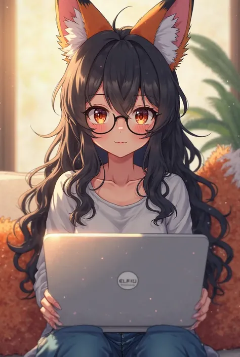 anime. Fox furry girl in jeans, black curly hair below the shoulders,  brown eyes, in glasses.  sitting at a laptop 