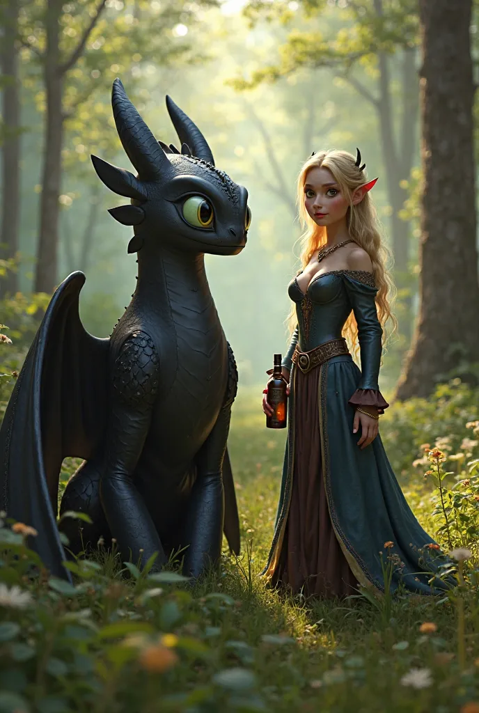 From the tale of How to Train Your Dragon, Toothless stands in a beautiful Norwegian forest, next to her is a 17.century in a beautiful, young Viking woman,  with huge breasts , in a deep cut dress, in the hands of a bottle with a potion.  Integer,  rich i...