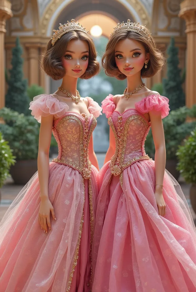 create the image of  twins, short hair. they should be wearing something inspired by Barbie ptincess. Realistic photo