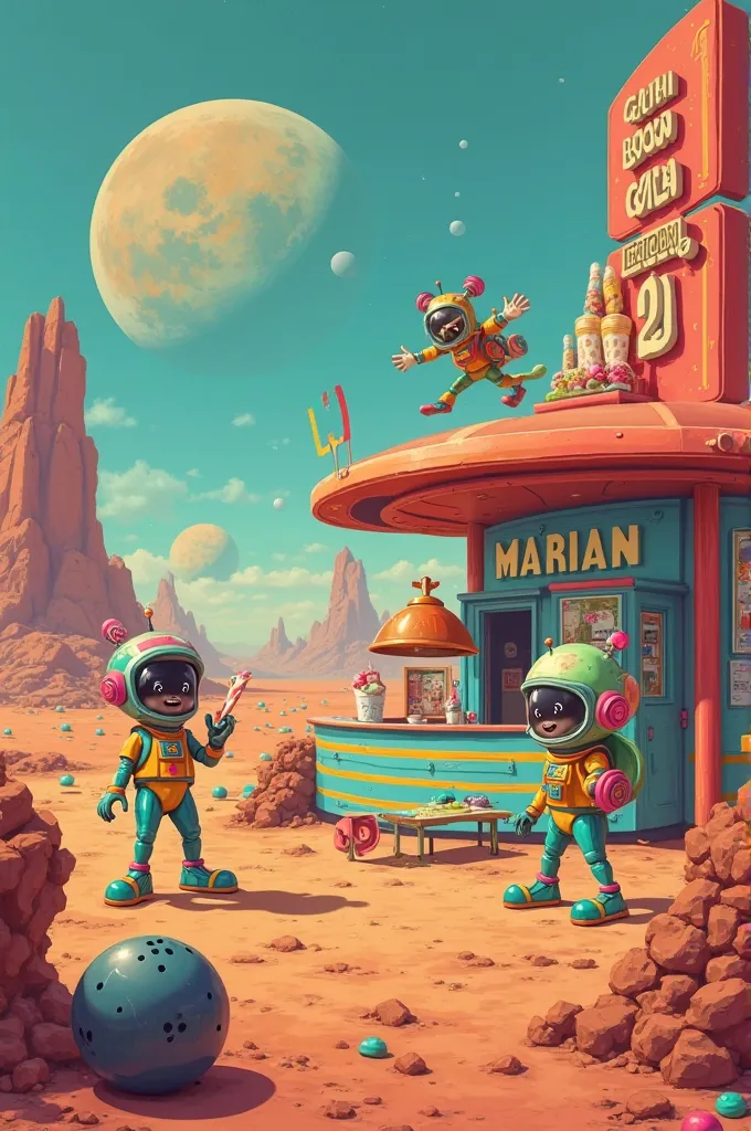 Advertising for Martian bowling and ice cream for sale 