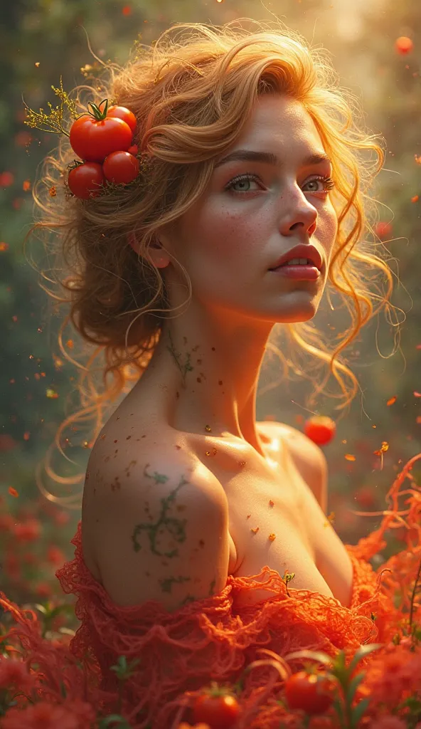 Color sketch. Happy cute tomato goddess. High detail. Hyperrealism. Ideal correct anatomy. 16K. Mysticism.