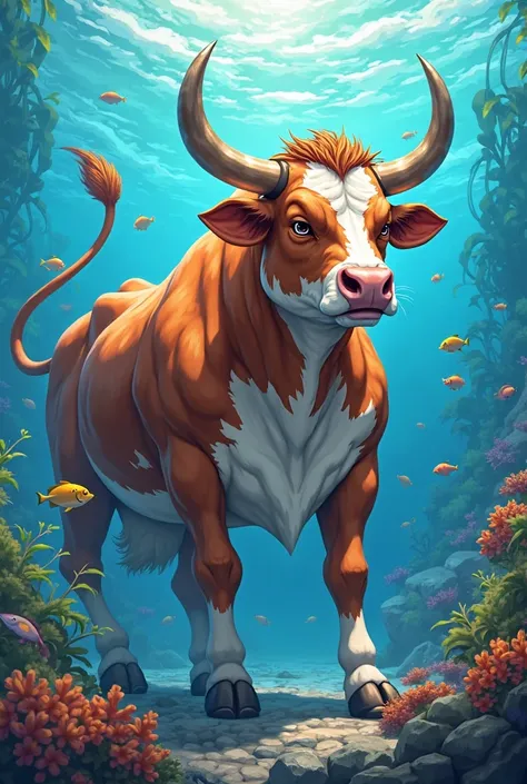 Cow personalization　anime　Looks strong　 sea illustration　male