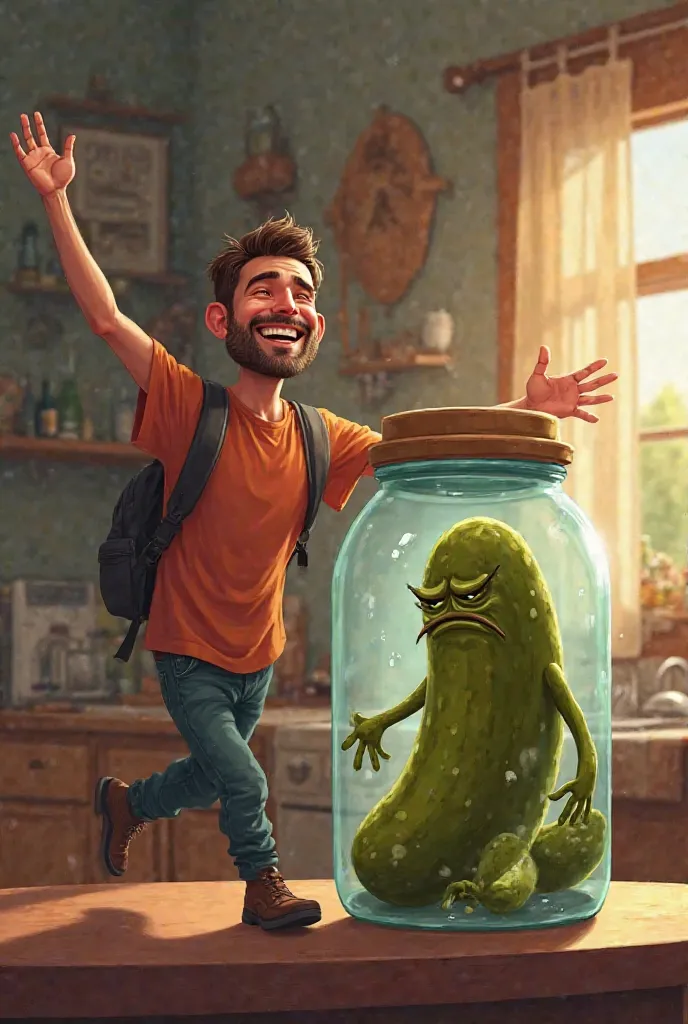 Create a guy coming home happy in life and a pickle in the jar crying because he arrived 