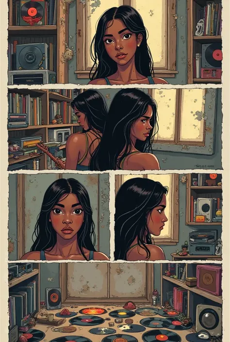 Create a comic with just 4 scenes, of one with half brown skin and long straight dark hair. in the background of the scenes I want a room half messy with music records 