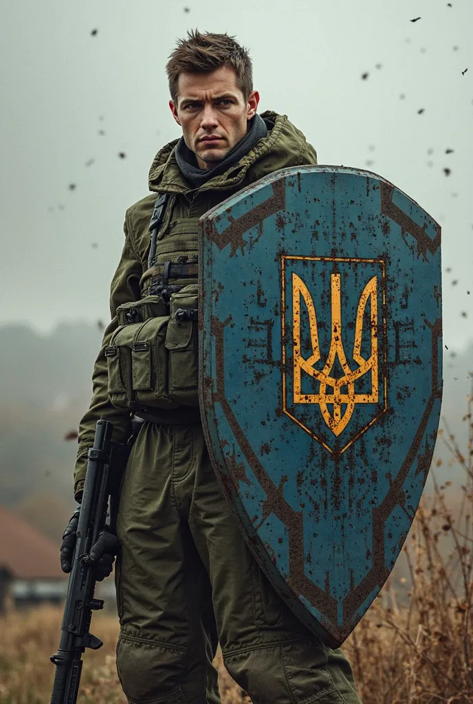 ukrainian solder with shield which is made from circuits protecting ukraina from red orcs