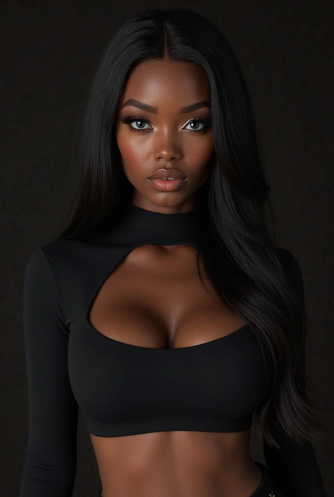 Super realistic black girl with long straight hair with blue eyes big boobs in black crop top 