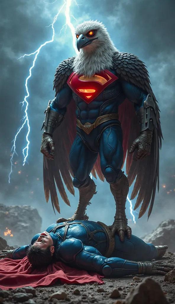 Create an intense image of a male humanoid vulture standing victorious over the fallen superhero. The vulture, dressed in his detailed red and black outfit, is standing tall with an imposing, triumphant posture. His sharp, glowing eyes are fixed on the def...