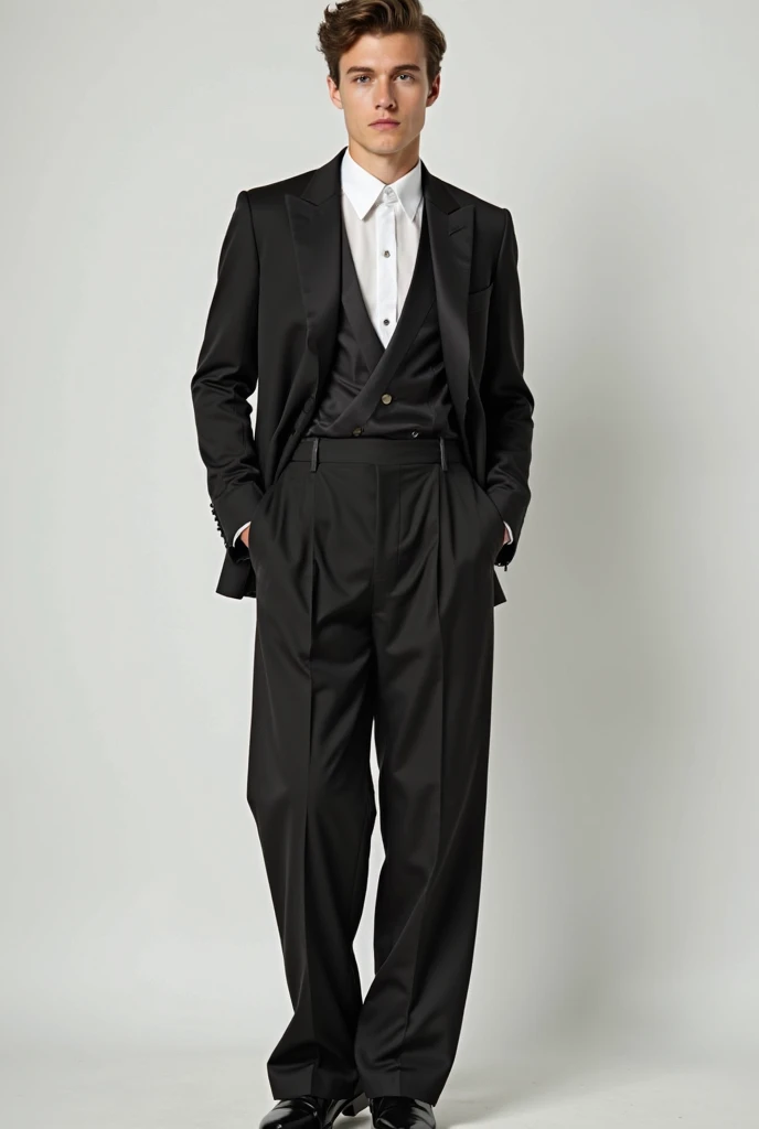 ". A young man wearing black high-waisted Italian pants, with an elegant white shirt underneath it is a black blouse with a neckline in the shape of a number 7, and on top of it an elegant black jacket. The look is complemented by black formal shoes and a ...