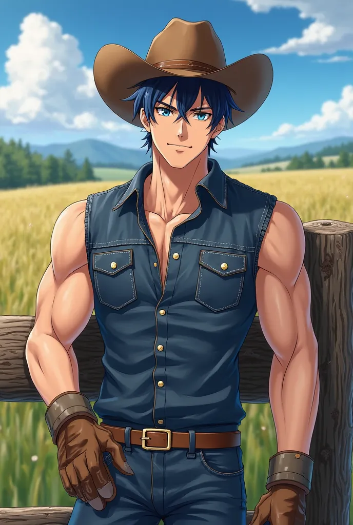 Make a high-resolution image of a handsome young adult man with short blue-black hair wearing a navy blue denim vest with short brown work gloves while retracted on a wooden fence showing off his strong body with blue eyes and a black crescent on his foreh...