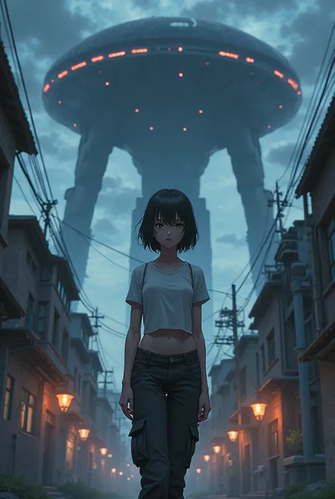 An anime-format girl standing in the middle of a town watching the top two alien ships approaching the girl is somewhat tall with a semi-short t-shirt, brown and black military pants, the environment is dark, the girl is super developed with a good physiqu...