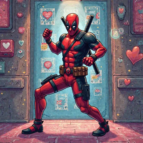 Title word in the center above Guerrilla marketing. Deadpool dancing he is on the background of a love dating app