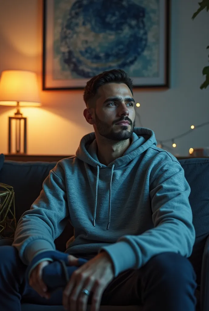 A 30-year-old man with no white beard and a short haircut, On the couch with a gray hooded sweet shirt with a night light behind and an artistic picture with dominant blue and a white background