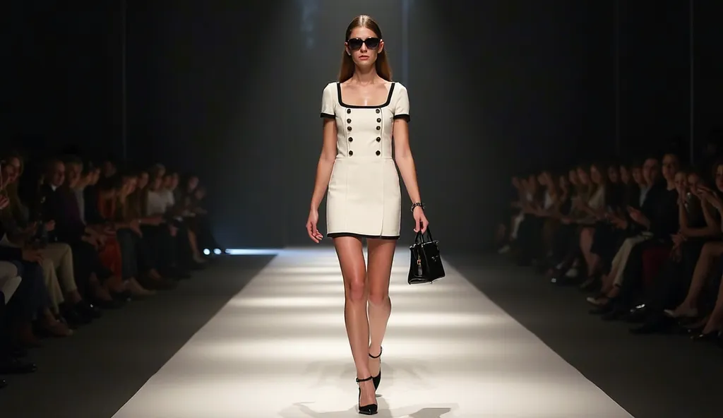 Female model dressed in a short, fitted, short-sleeved white dress. It features contrasting dark trim (probably black) around the neckline and hem. The dress has a square neckline and decorative buttons down the front. Shoes: Black pointed high heels, poss...