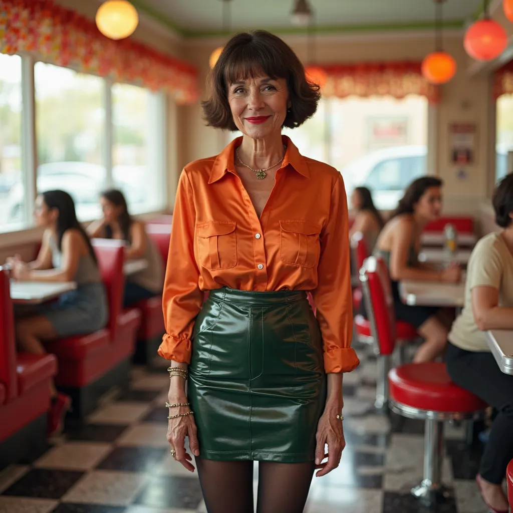 a full body shot of an elderly woman,
she has a little belly,
she is standing up in a bright American diner interior,
Her expression is pleasant and approachable, with a visible smile,
her gaze is direct,
she is looking directly at the viewer,
she wears a ...