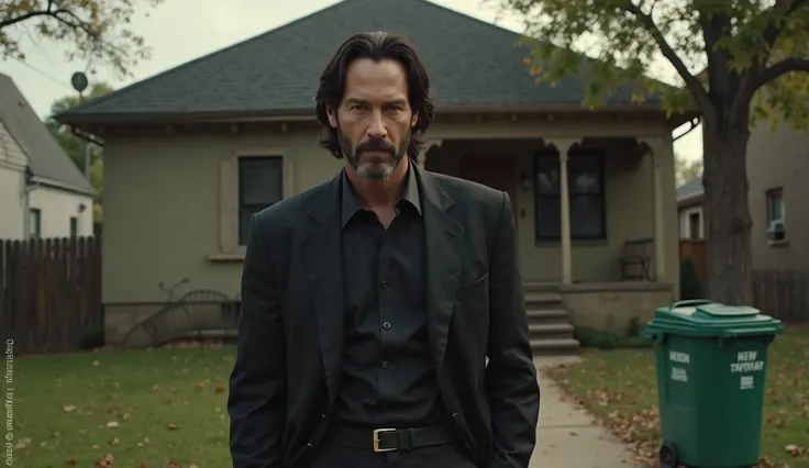 Keanu Reeves stands outside a big house in the middle of America's dark slum district wearing a classic black suit, there is a green garbage can nearby, two hucksters with gold teeth are sitting, Keanu Reeves is watching us 