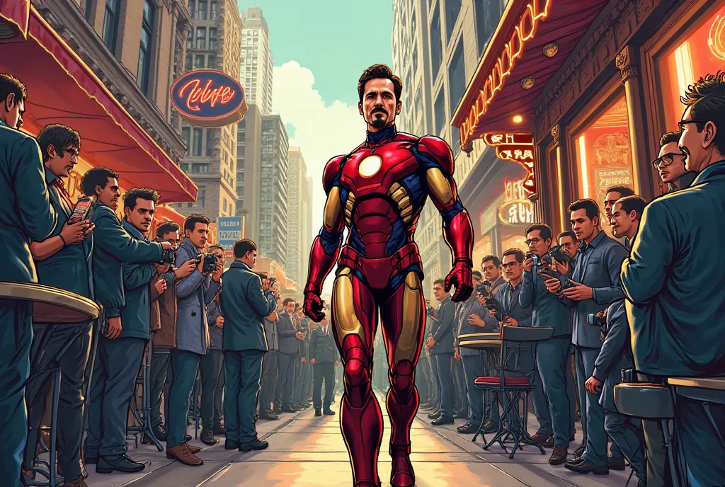 Create Tony Stark comic book art outside a New York cafe surrounded by journalists and fans 