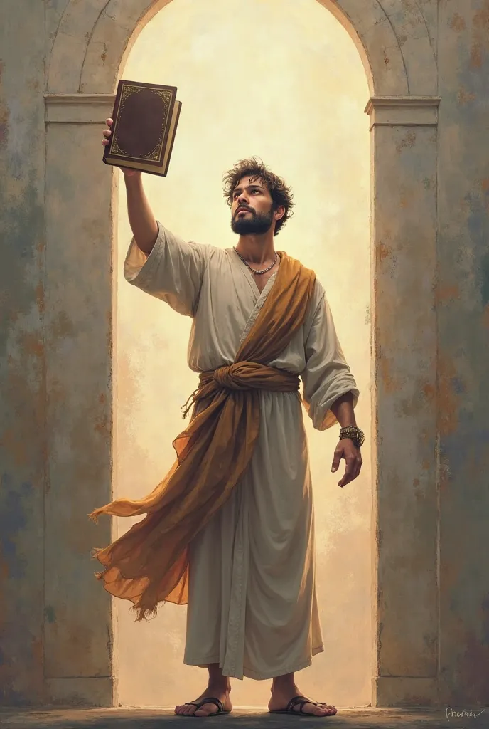 create an image of the young man with his hands raised holding the Bible with one hand up