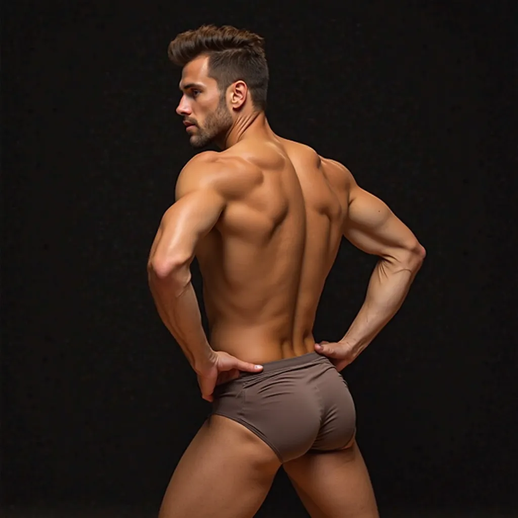  Brazilian Latin man,Sexy pant,  fair skin, From bangs to straight and short brown hair, blue and green eyes, athletic and hairy body, thick pussy and big upturned ass , Of skin-colored underwear, In the background theater on stage in jazz dance poses, In ...