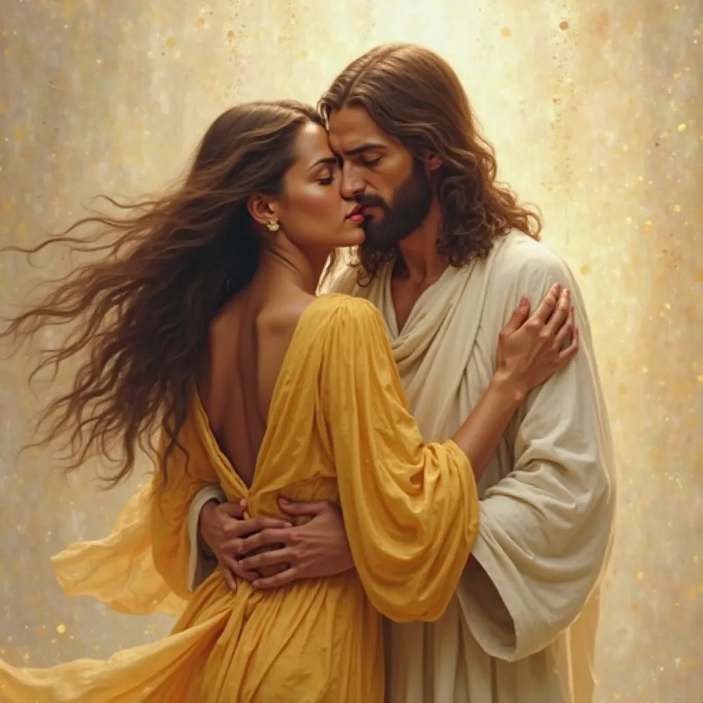 Brown woman with long hair. Yellow ball gown with long sleeves and high neck . From the back entwined In the arms of Jesus Christ as in the arms of a father 