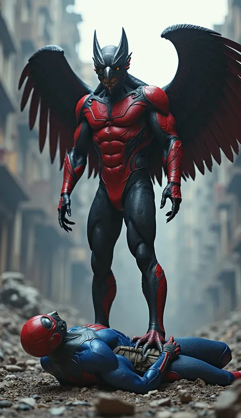 The previously created humanoid vulture is now standing on top of the superhero, The vulture wears clothes in red and black and the superhero blue and white