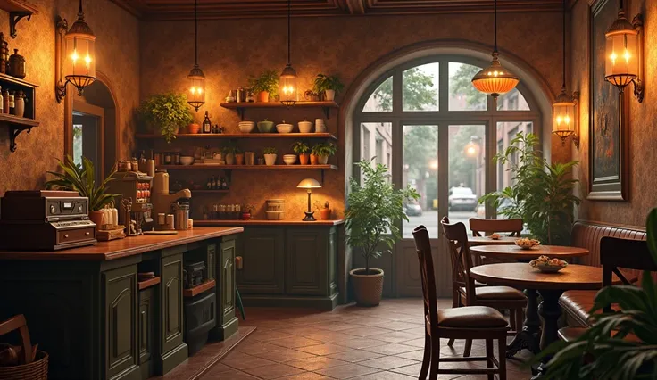 Cafe interior, vintage, with a classic tape player and wooden chairs, equipped with candle lights