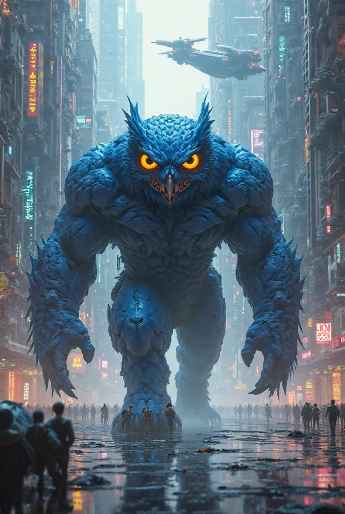 A highly detailed and cinematic depiction of a futuristic city. A huge muscular owl with a blue color, glowing yellow eyes and a fierce expression is walking alongside