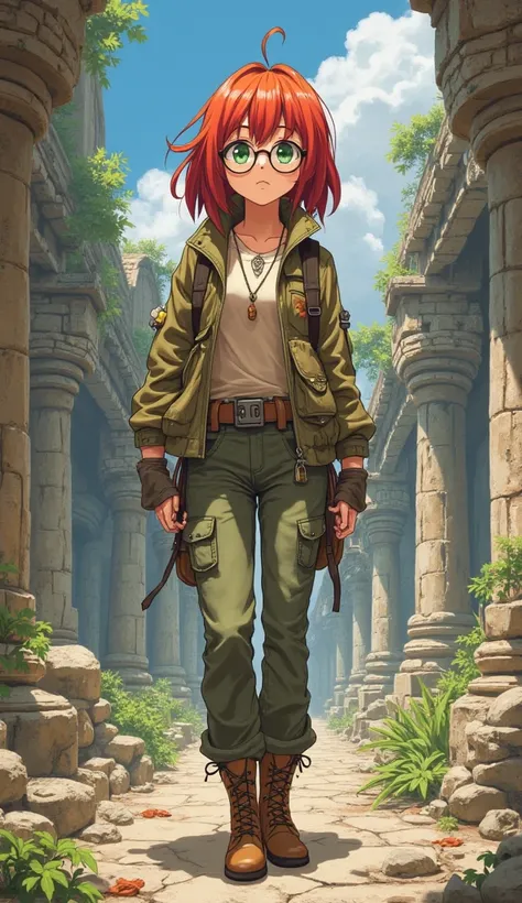  create an anime character,  Woman, medium red hair, green eyes,  round glasses , archaeologist outfit