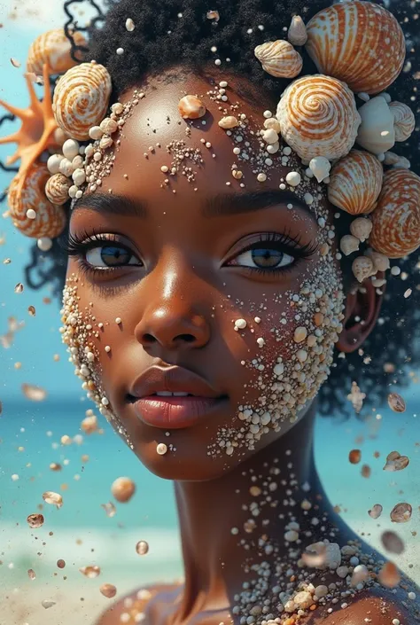 Face of a black woman with seashells 