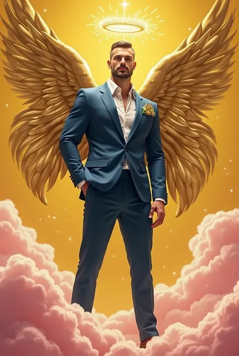 handsome hot muscular men Largo, undercut, Large body,undercut hair, Oviloss ocentista,well-cut blue suit,, Golden Halo angelical ring ,thin costumes very muscular,   navy blue pants , dark blue satin suit far Golden wings,big enormous arms, stronger muscu...