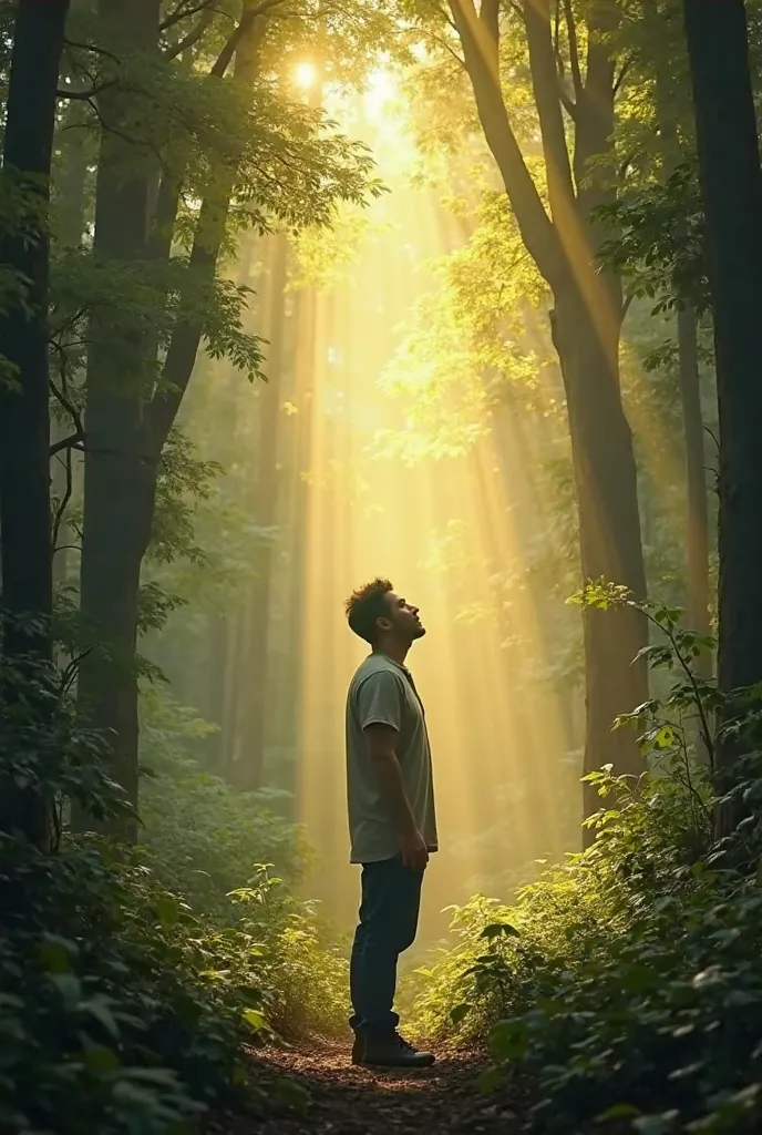 a man in the forest surrounded by trees from which light shines, he looks at that light and it shines brightly on him