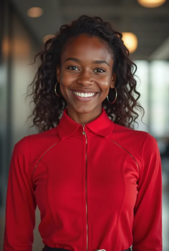 smiling black intern wearing red costume